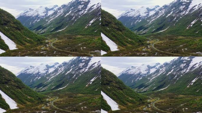 鸟瞰山口，俯瞰挪威的雪峰