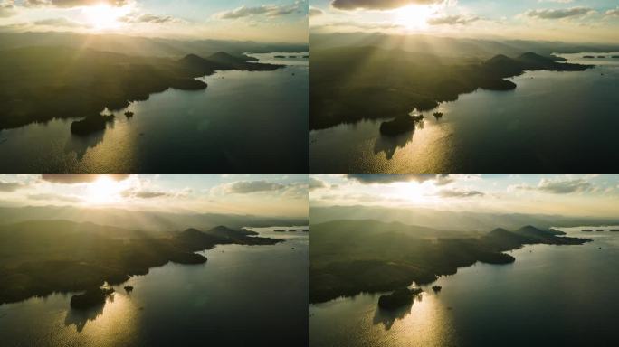 日出时的山峰和湖泊，航拍延时视频