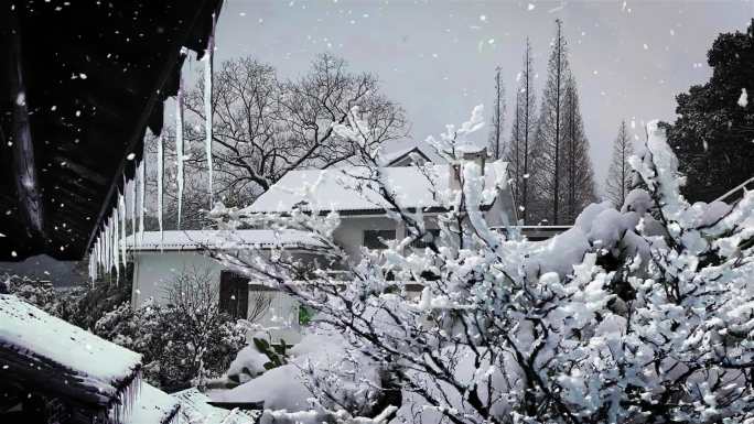 冰挂下雪瓦房冬天