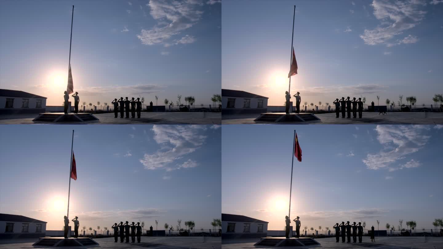 边防武警战士清晨列队升国旗 日出光晕