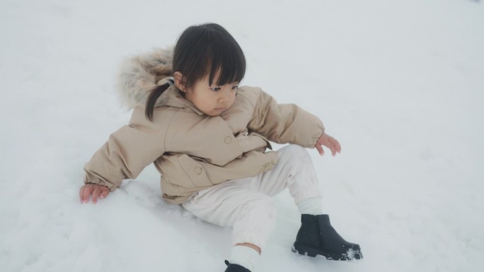 女婴穿着暖暖的冬衣，兴奋地坐在雪地上，动来动去。