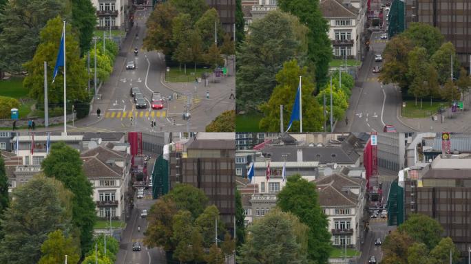 白天苏黎世市中心公共交通站交通街道航拍全景4k延时瑞士