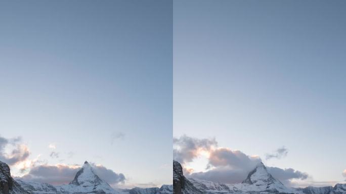 瑞士采尔马特，冬日阳光明媚的马特洪峰景观时缩图。