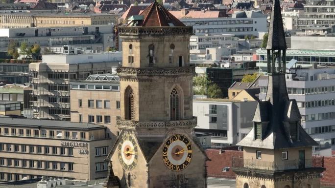 阳光明媚的日子，斯图加特市钟楼大教堂鸟瞰图4k德国