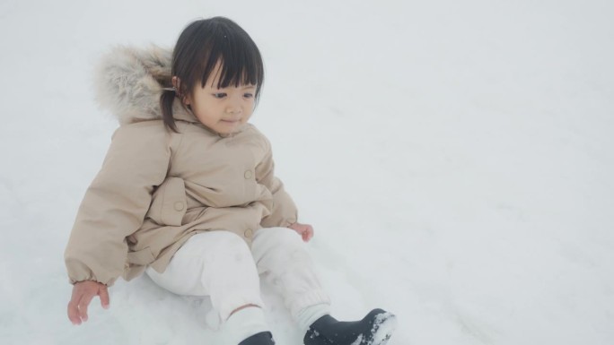 可爱的小女孩穿着温暖的冬衣，兴奋地坐在雪地上。