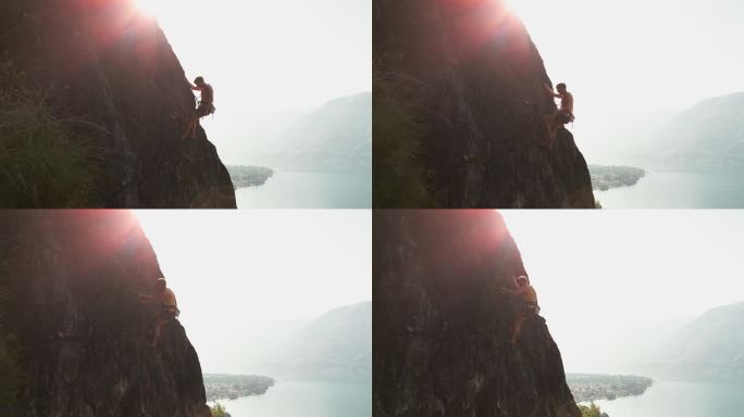 无人机拍摄，男子攀岩与令人惊叹的湖景