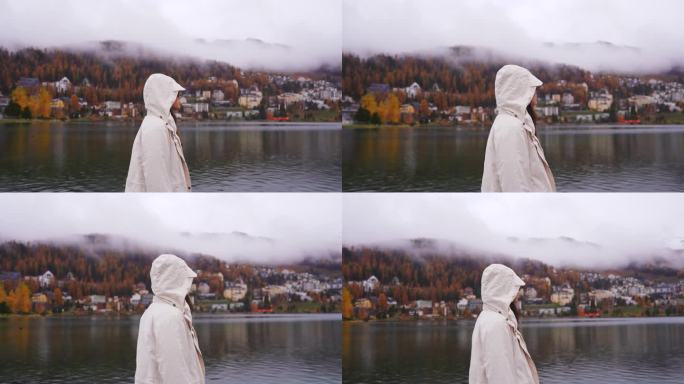瑞士的秋天，女人们漫步在圣莫里茨