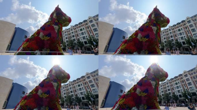 毕尔巴鄂由各种颜色花组成的狗雕塑