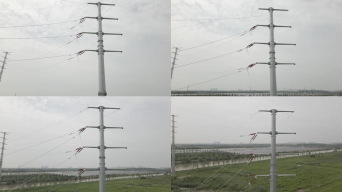 航拍输电塔电线发电站能源
