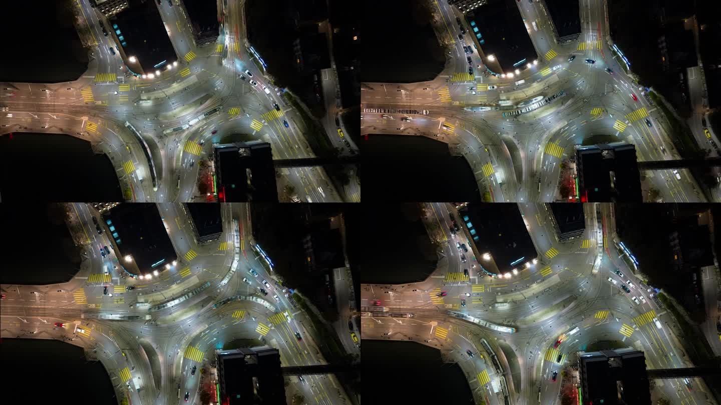 夜间照明苏黎世市中心交通街道广场电车站空中俯瞰全景4k延时瑞士