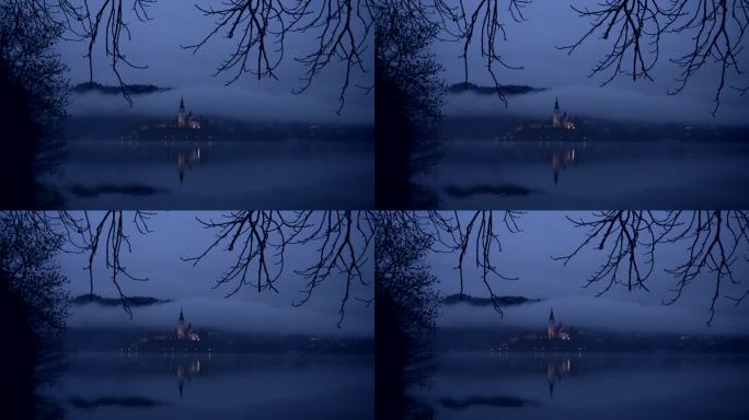斯洛文尼亚流血湖欧洲旅游目的地雾蒙蒙的冬季清晨
