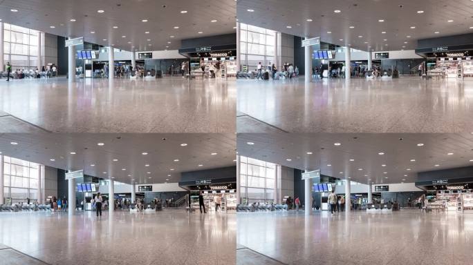 星期日，06-04-2023苏黎世国际机场。人们在自然采光的大厅里走向大门的时间流逝。广角镜头，面目