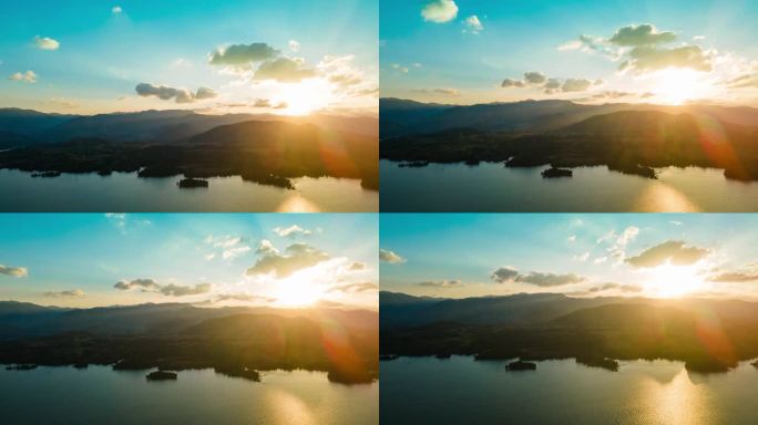 日出时的山峰和湖泊，航拍延时视频