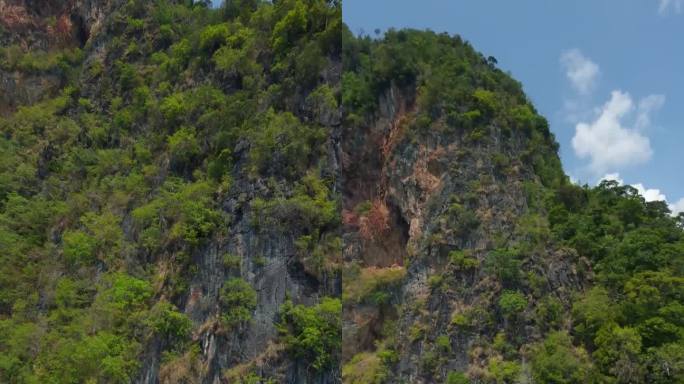 垂直视频。爬到山顶岩石纹理的热带绿色岛屿