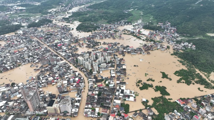 城镇洪水淹没航拍山洪水灾自然灾害极端天气