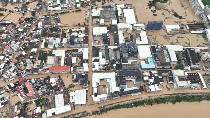 城镇被洪水淹没山洪水灾自然灾害极端天气