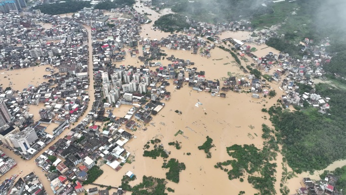 城镇被洪水淹没山洪水灾自然灾害极端天气