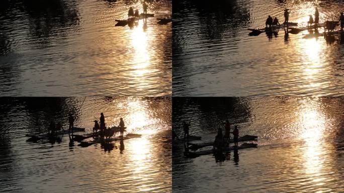 波光粼粼下的日落黄昏遇龙河竹筏漂流