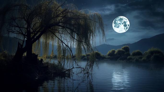 柳树 月亮 湖
