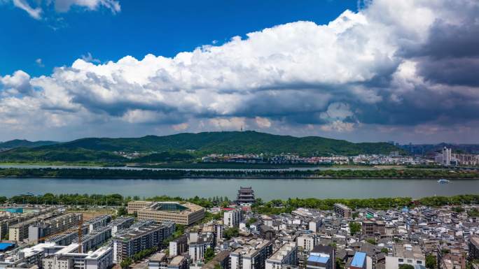 长沙城市杜甫江阁岳麓山晴空万里航拍延时