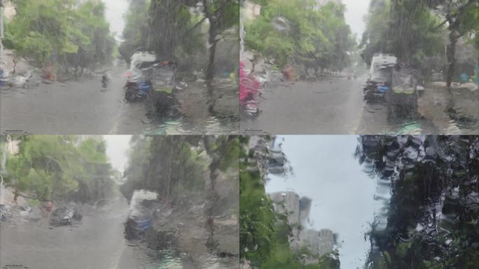 实拍城市下雨雨刷车窗