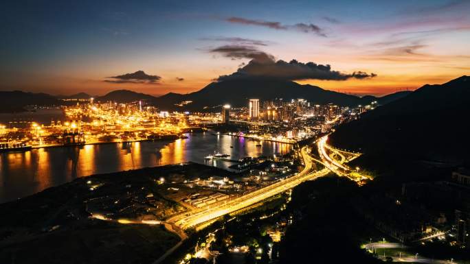 航拍深圳盐田惠深沿海高速盐田港夜景延时