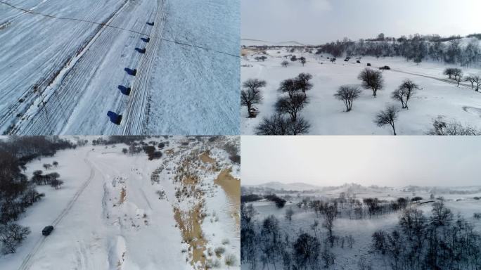 冬季雪地车队行驶 冬季草原越野自驾游