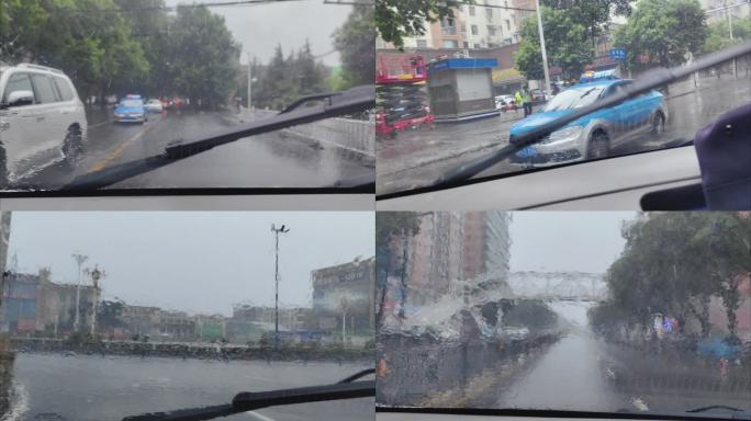 实拍大雨暴雨天城市行车