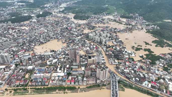 城镇洪水淹没航拍山洪水灾自然灾害极端天气