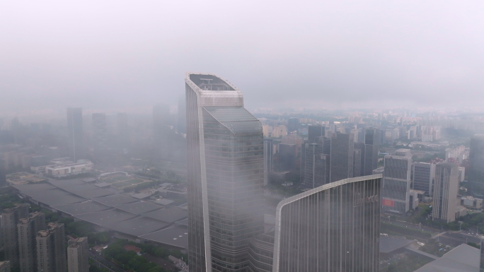 航拍·南京河西青奥双子塔建筑云雾