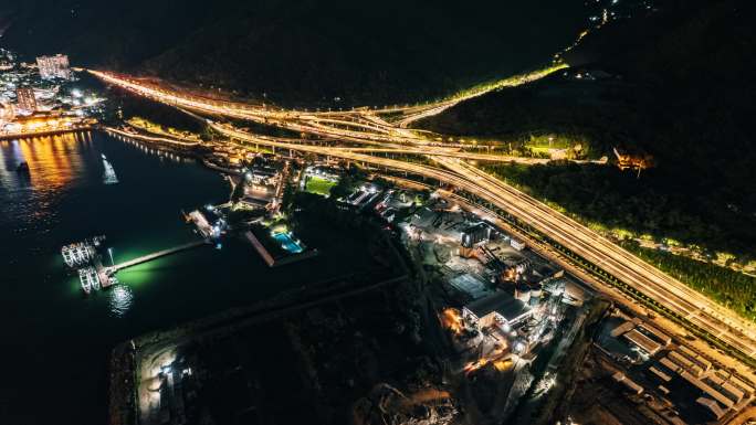 航拍深圳盐田惠深沿海高速坪盐通道夜景延时