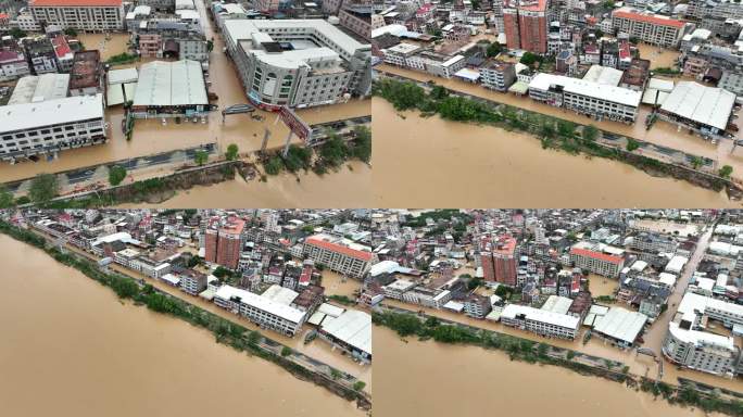 城镇被洪水淹没山洪水灾自然灾害极端天气