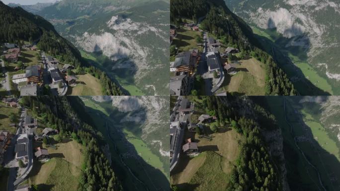 Lauterbrunnen上方的高山小镇Murren的空中无人机视图