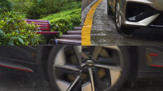 下雨天小汽车行驶车轮溅起的水花