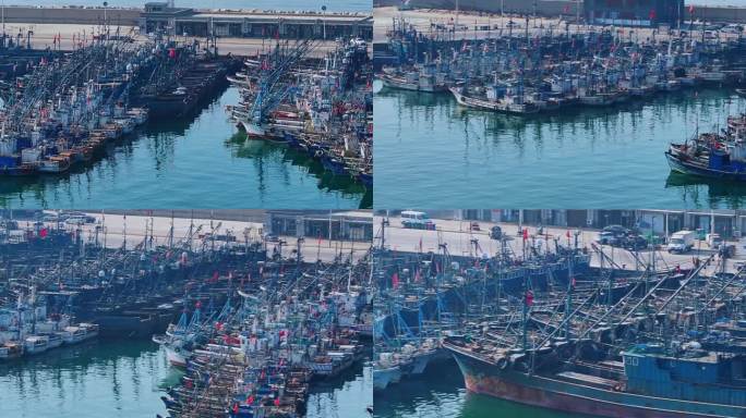 休渔期停靠在渔港码头的渔船