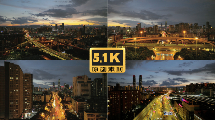 5K-昆明春城晚霞航拍，昆明主干道夜景