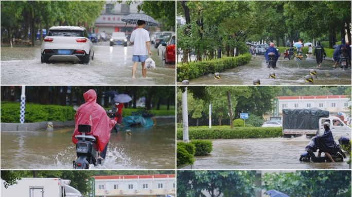 城市内涝骑车走路涉水