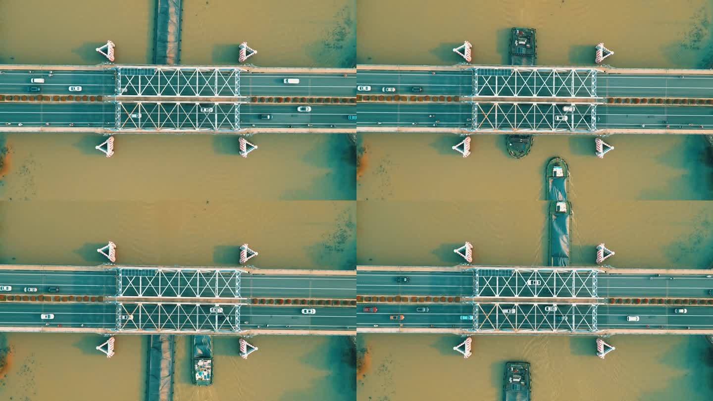 航拍4K水路繁忙的扬州大桥