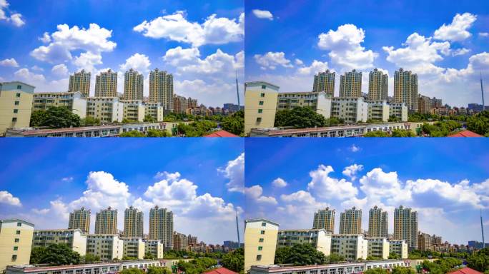 城市延时摄影蓝天白云下的居民楼城市风景。