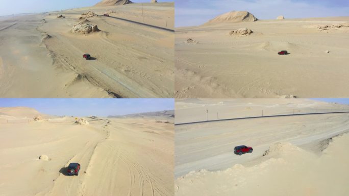 汽车在沙漠雅丹无人区行驶