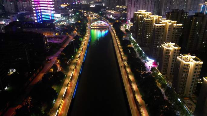 宁波奉化奉化江沿岸夜景航拍