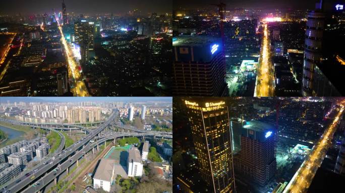 南京市市区城市马路车流夜景航拍延时风景视