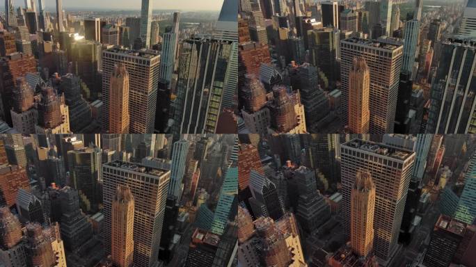 航拍纽约曼哈顿市中心摩天大楼日出天际线