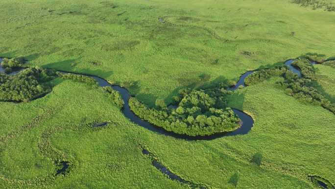 航拍湿地蜿蜒的河湾风景