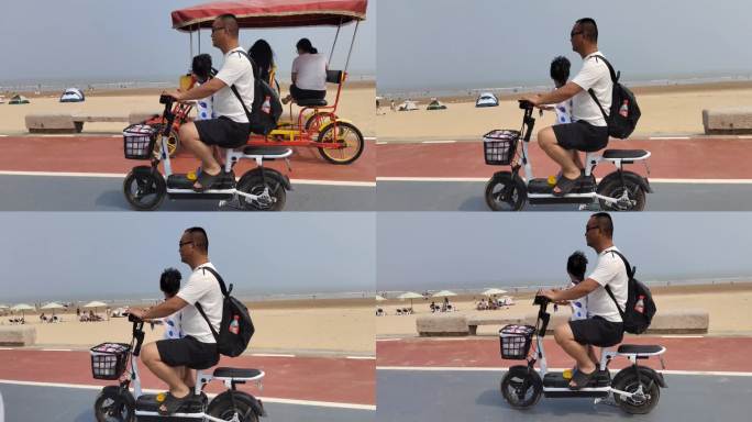 实拍骑电动自行车带孩子去海边免费沙滩游玩
