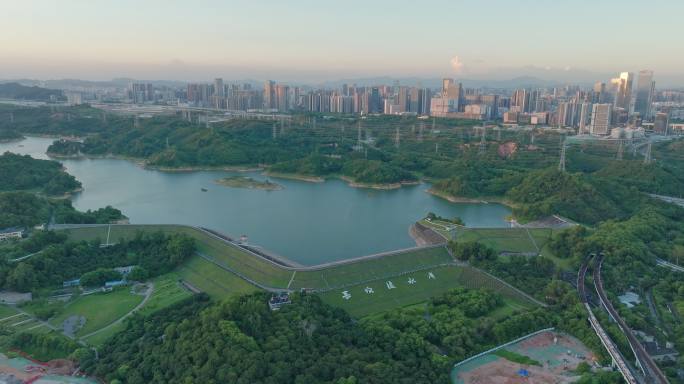 航拍深圳南山长岭陂水库