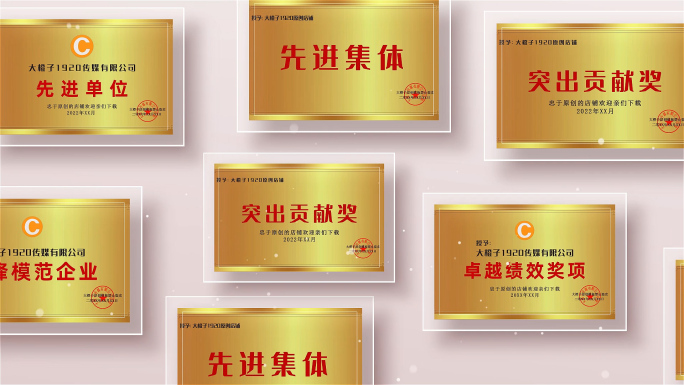 企业多奖牌铜牌展示荣誉墙包装模板