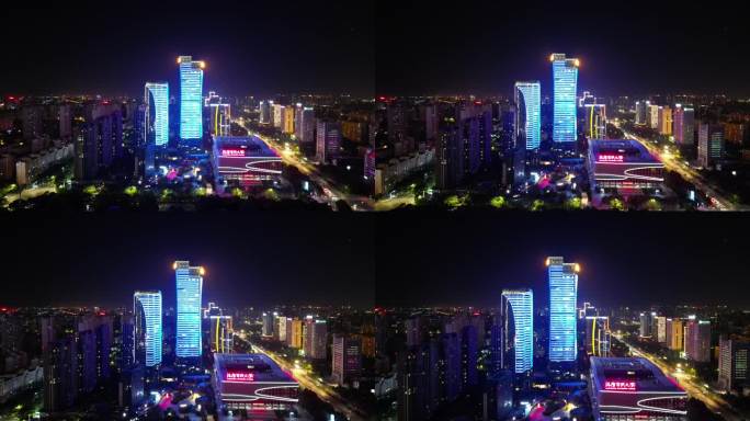 航拍河南洛阳开元湖正大国际广场夜景