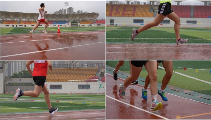 雨中田径比赛跑步脚步运动慢动作高清视频