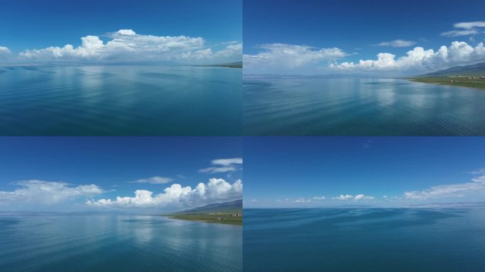 航拍青海湖蓝天白云壮观唯美